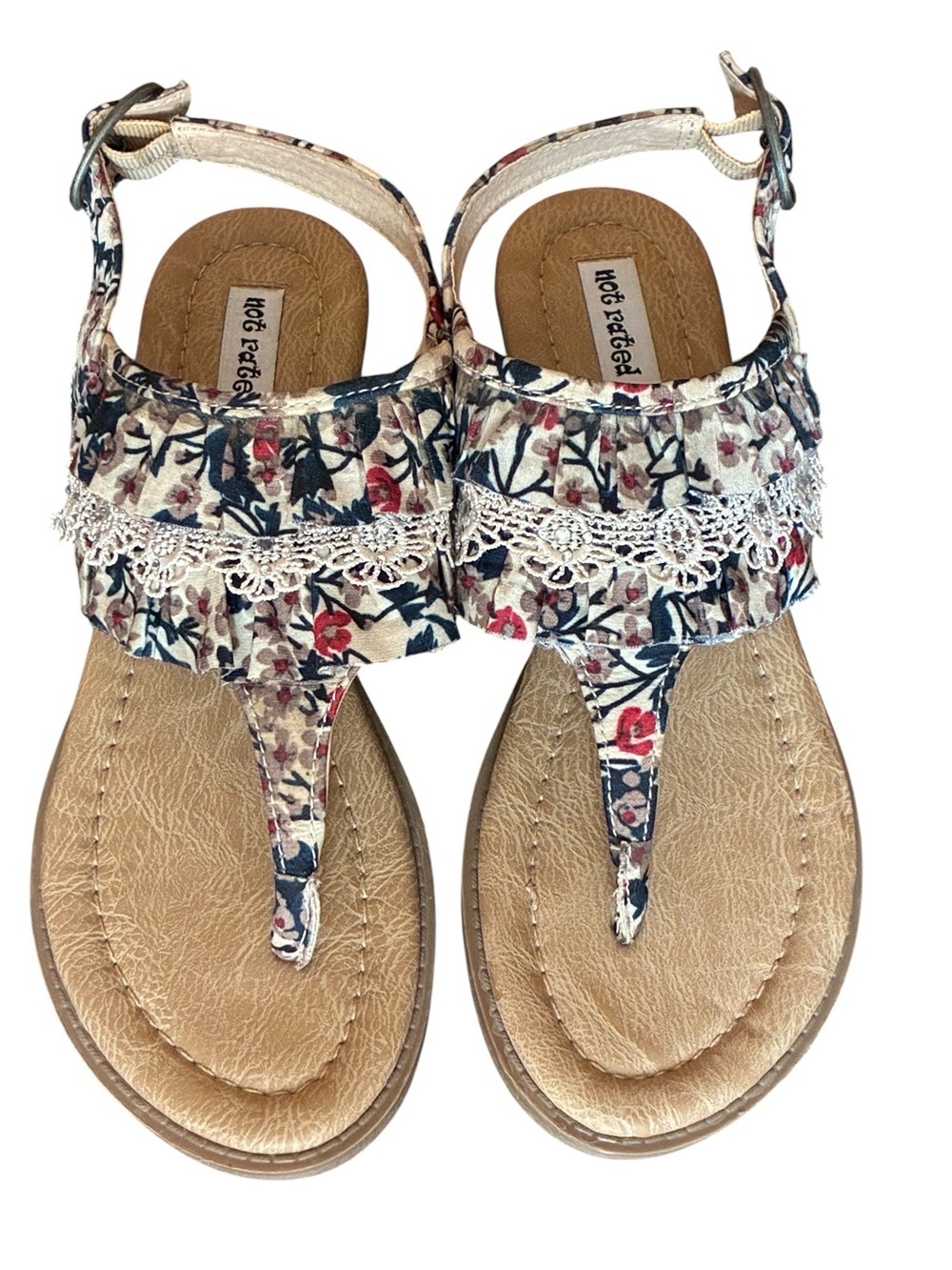 boho Cottagecore Floral Lace T‑Strap Sandals in Cream, Dark Green & Red
